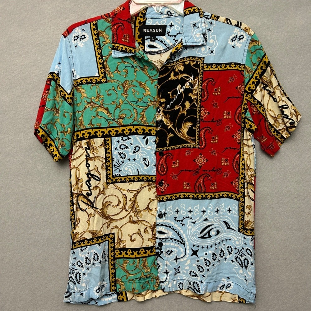 Reason Women L Button Up Top Multicolor Patchwork Graphic Rodeo Streetwear